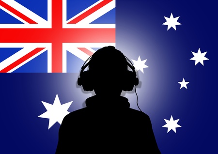 Illustration of a person wearing headphones in-front of the flag of Australiaの写真素材