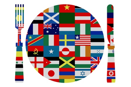 Isolated knife, fork and plate covered in world flagsの写真素材