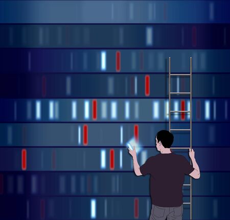 Illustration of a man choosing a DNA segmentの写真素材