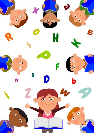 illustration of lots of children reading booksの写真素材