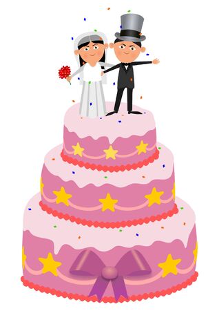 isolated illustration of a married couple on top of a wedding cakeの写真素材
