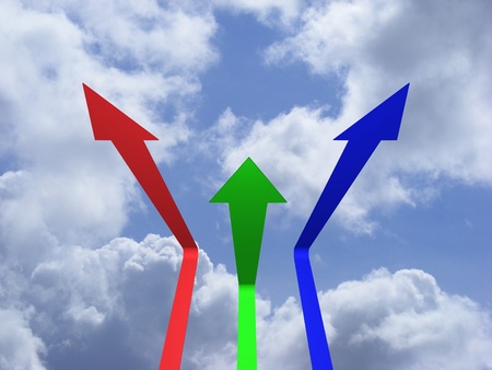red green and blue arrows pointing upward over a cloudy skyの写真素材