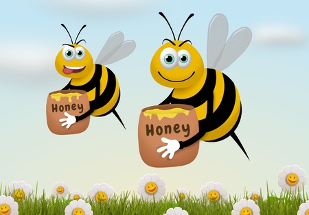 Illustration of two bees carrying honey pots while flying over a field of flowersの写真素材