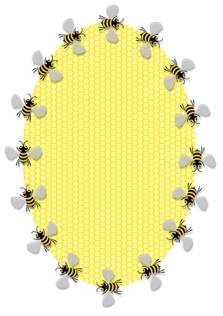 Illustration of a oval honeycomb frame surrounded by beesの写真素材