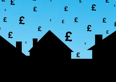Illustration of houses with pound signs over a blue sky backgroundの写真素材