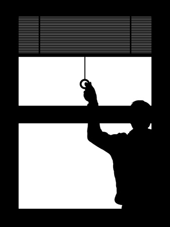 Illustration of  a person pulling down blindsの写真素材