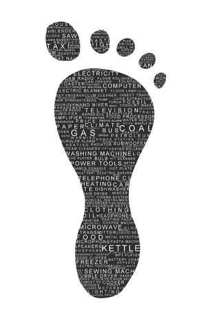 Illustrated footprint with many text products and other carbon related subjectsの写真素材