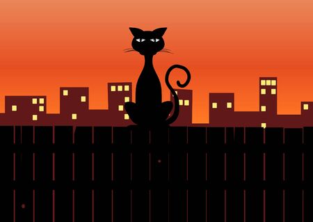Illustration of a cat sitting on a fence with  houses behindの写真素材