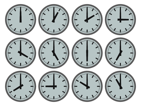 Illustration of 12 clocks showing hourly timesの写真素材