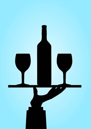 Illustration of a hand holding a tray containing a wine bottle  and glassesの写真素材