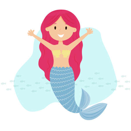 Cute cartoon mermaid with red hair and a blue tailのイラスト素材