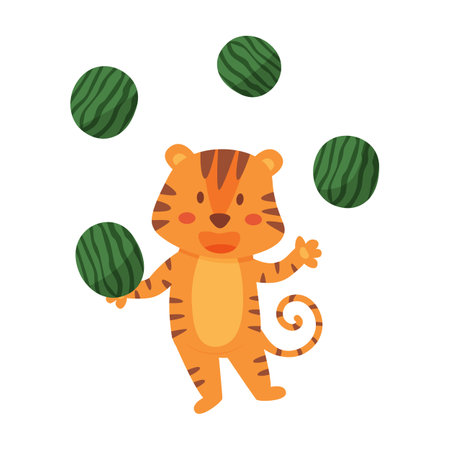 Tiger cub juggles watermelons. Cute cartoon tiger, vector illustration isolated on white backgroundのイラスト素材