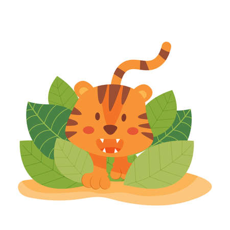 Angry tiger in the grass, vector illustration isolated on white backgroundのイラスト素材