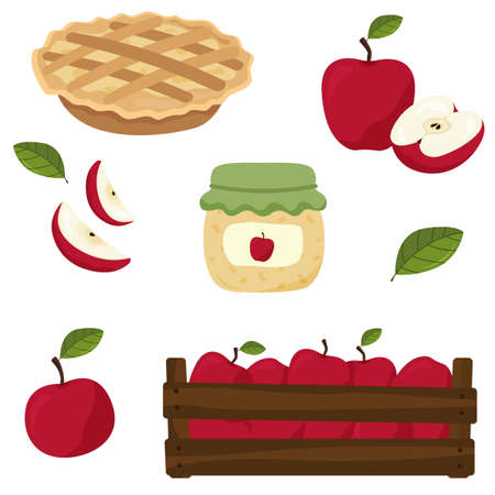 Set of red apples. Harvest of apples. Whole apple and half apple, apple jam, apple pie with jam, charlotte, box of applesのイラスト素材