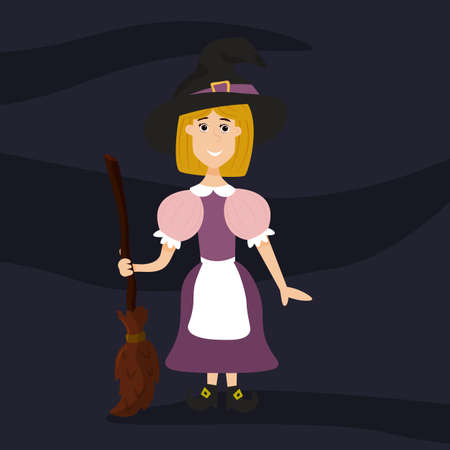 Cute witch with a broom in her hand on a dark backgroundのイラスト素材