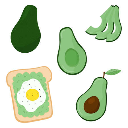 Set of fresh whole, half, sliced avocado slices isolated on white background. Health food. organic...