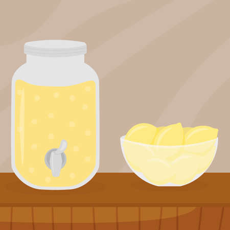 Lemonade and a bowl of lemons on the tableのイラスト素材