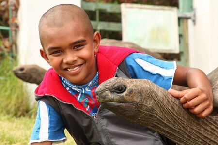 School boy visits the giant tortoises on St Helena. Johathan the tortoise is estimated to be 150 to 200 years old weighing 440 poundsの写真素材