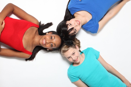 Mixed race african american, oriental Japanese and blonde caucasian teenage school student girl...
