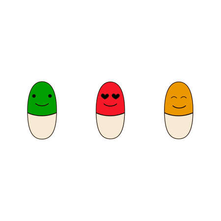 Happy pills and pills with emotions and face on a white background. Vector imageのイラスト素材