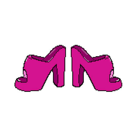 Pixel high heel shoes. Pink cartoon shoes. Vector icon on the white background.のイラスト素材