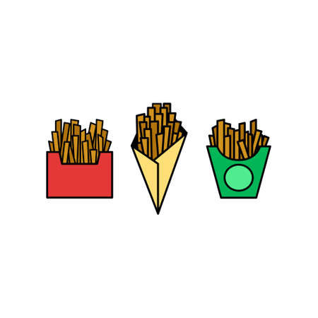 French fries icon set. Potatoes in carton package box.