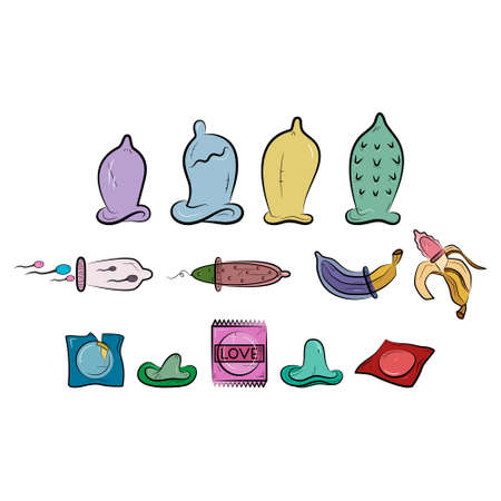 Contraceptive icons set. Colorful condom. Banana with condom. Safe sex.のイラスト素材