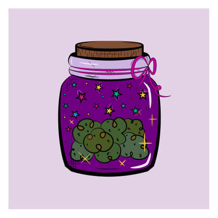 Vintage graphic icon. Green cannabis marijuana hemp medical weed in jar. Graphic design.のイラスト素材