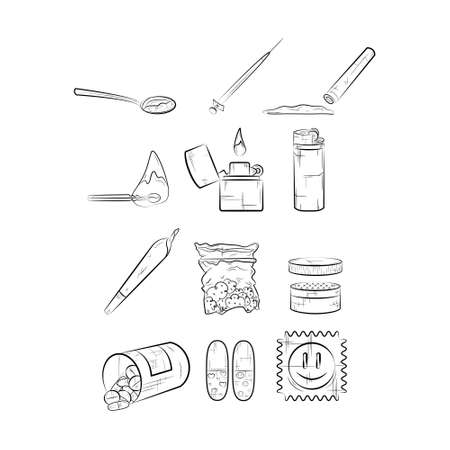 Set of narcotics. Different narcotic drug dependence. Line icons. Black and white icons.のイラスト素材