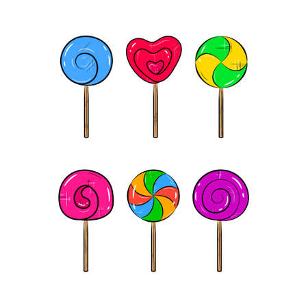 Colorful lollipop set icons. Swirl sweet lollipops. Vector illustration.のイラスト素材