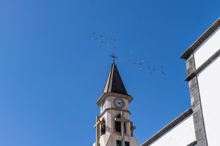 Pigeons flying around the clock tower of Ermita de Nuestra Senora de Bonanza Church, El Paso, La Palma, Canary Islands, Spain September 2018のeditorial素材