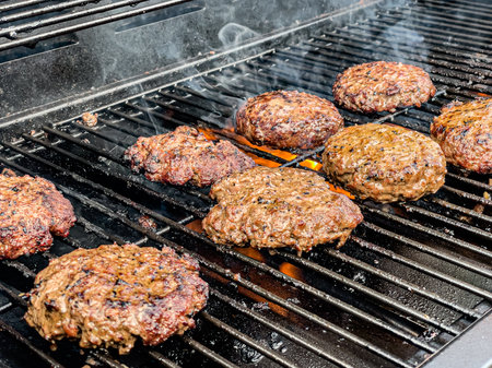 Burgers on a gas BBQの写真素材