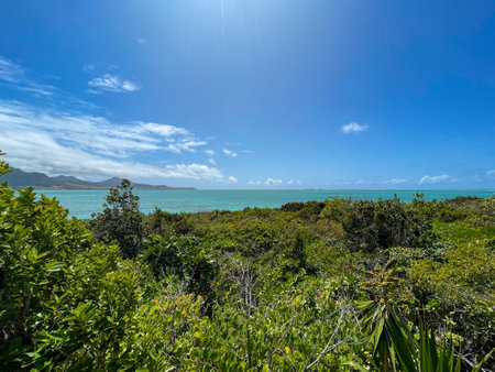 Blue skies and turquoise Indian Ocean around the Island of Mauritiusの写真素材