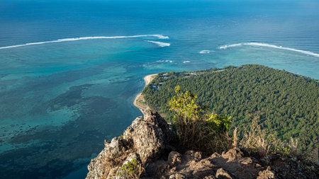 Overlooking the Indian Ocean from Le Morne Brabant Mountain, basaltic mountain with a summit of 556 metres, Mauritius, Africaの写真素材