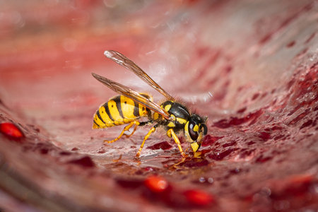 European wasp, Vespula germanica, also known as the German YellowJacket wasp, feeding from a jam jarの写真素材