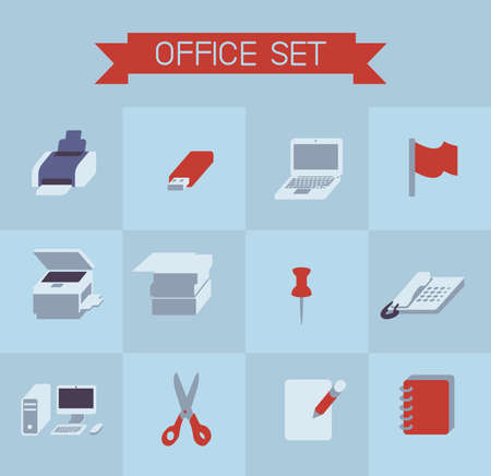 Volume colorful isometric icons of office equipment topic with background. all stuff for you work, web, infographic, presentation and apps.のイラスト素材