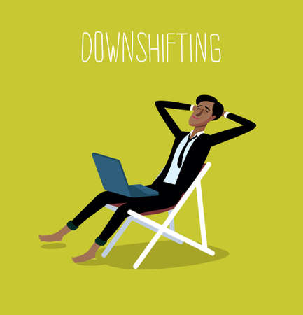 Flat design colorful illustration of downshifting concept. Freelancer changes lifestyle. No office work, just freedom. Downshifting cartoon character in vectorのイラスト素材