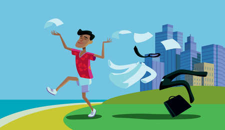 Flat design colorful illustration of downshifting concept. Freelancer changes lifestyle. No office work, just freedom. Downshifting cartoon character in vectorのイラスト素材