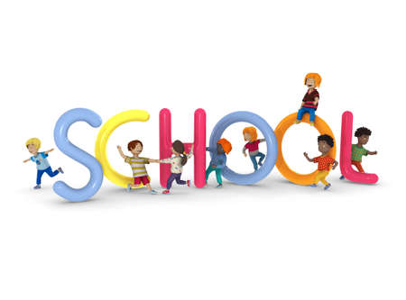 Wonderful volume illustration about school topic. Playing happy kids and volume education object on the white background. Colorful and nice banner or poster for web and printの写真素材