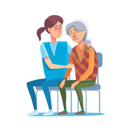 Flat design concept of healthcare and medical for older people. Cartoon illustration old woman and nurse or doctor. Medical help and patronageのイラスト素材