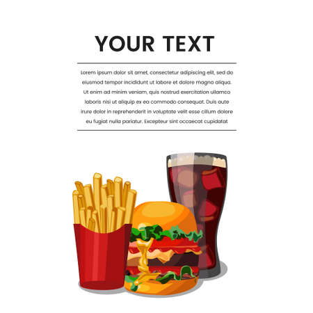 Fast food illustration and hand draw lettering in vector. Colorful, volume, and modern picture of burger concept with different taste.のイラスト素材