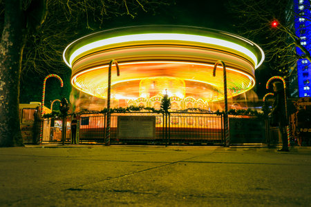 A Long Exposure view of Vintage carousel at night in the city. Long exposure.の写真素材
