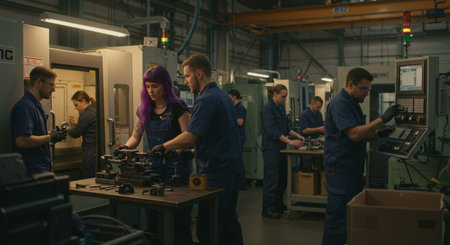 Group of factory workers working on lathe machine in a factory.の素材