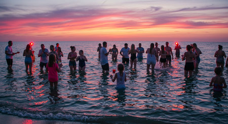 Group of people having fun on the beach at sunset. People having fun on the beachの素材