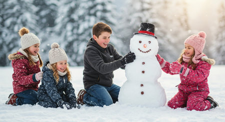Happy family having fun and making snowman in winter forest. Mother, father and children having fun together.の素材