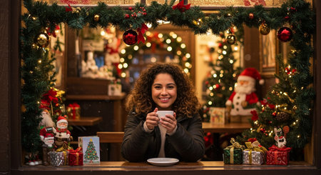 Beautiful young woman drinking coffee and smiling while sitting in cafe at Christmas timeの素材