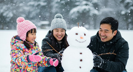 Happy asian family playing with snowman in the park during winter.の素材