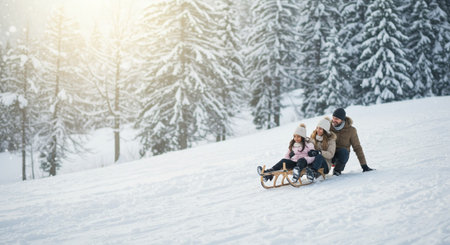 Happy family of three riding a sledge in the winter forest.の素材