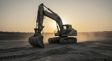 excavator at work on a construction site at sunset in summerの素材