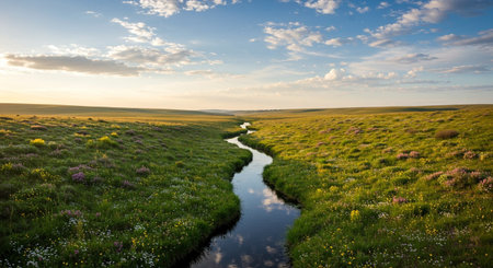 Spring landscape with a small river and blooming flowers in the fieldの素材